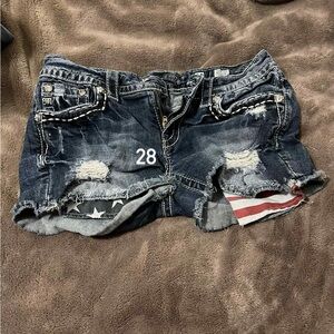 Miss Me Dark Blue Distressed Jean Shorts with Flag Detail